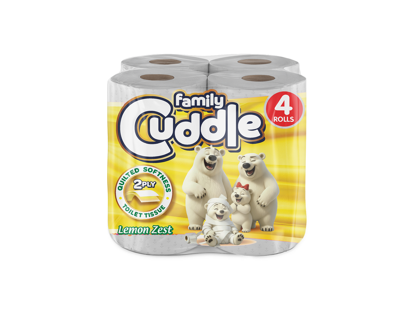 Family Cuddle 2-Ply Lemon toilet tissue 4 pack — fresh-scent fragranced retail toilet roll, buy bulk online UK