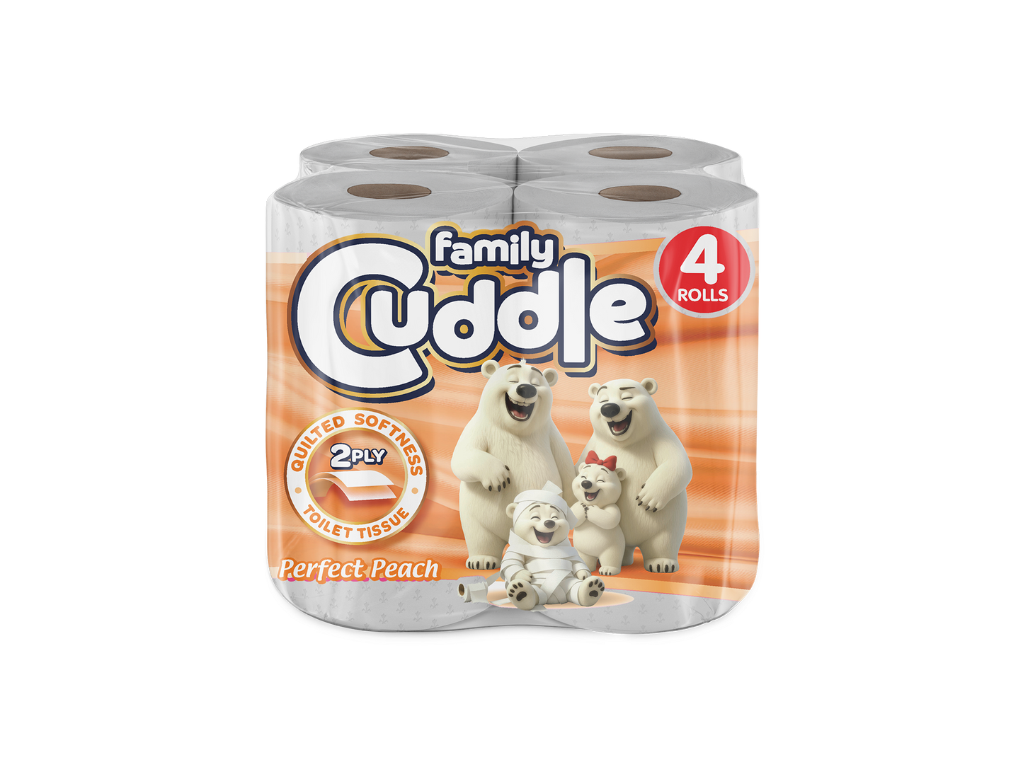 Family Cuddle 2-Ply Peach toilet tissue 4 pack — fragranced retail toilet roll, buy bulk online UK