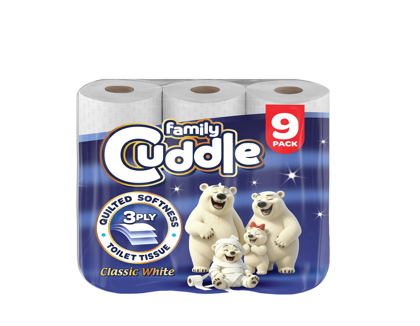Family Cuddle 3-Ply Classic toilet tissue 9 pack — premium 3 ply soft retail toilet roll, buy bulk online UK