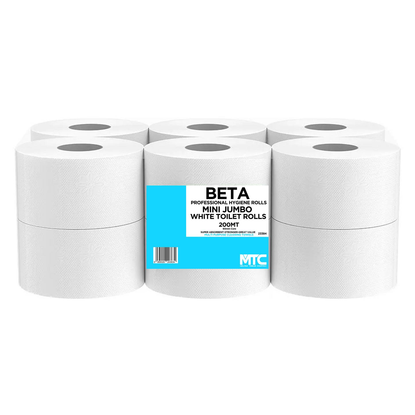 Mini Jumbo Pure White toilet roll 200m 60mm core 1x12 pack — premium office and care home dispenser-compatible washroom roll, buy online UK