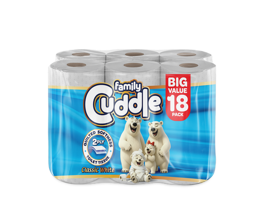 Family Cuddle 2-Ply Classic toilet tissue 18 pack — high-volume retail bulk toilet roll, buy online UK