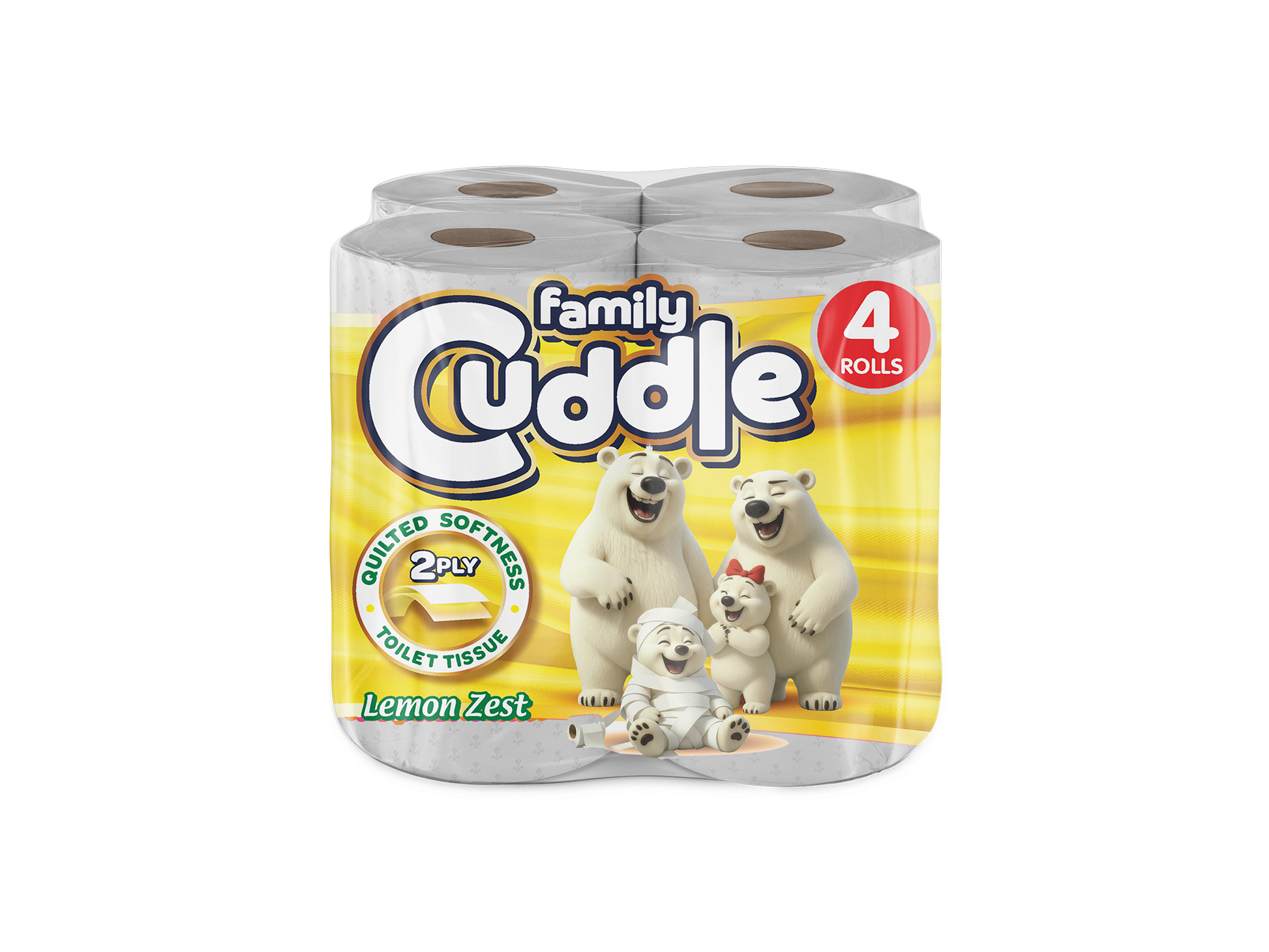 Family Cuddle 2-Ply Lemon toilet tissue 4 pack — fresh-scent fragranced retail toilet roll, buy bulk online UK
