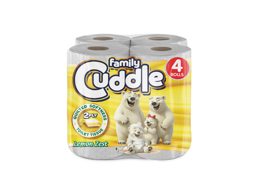 Family Cuddle 2-Ply Lemon toilet tissue 4 pack — fresh-scent fragranced retail toilet roll, buy bulk online UK