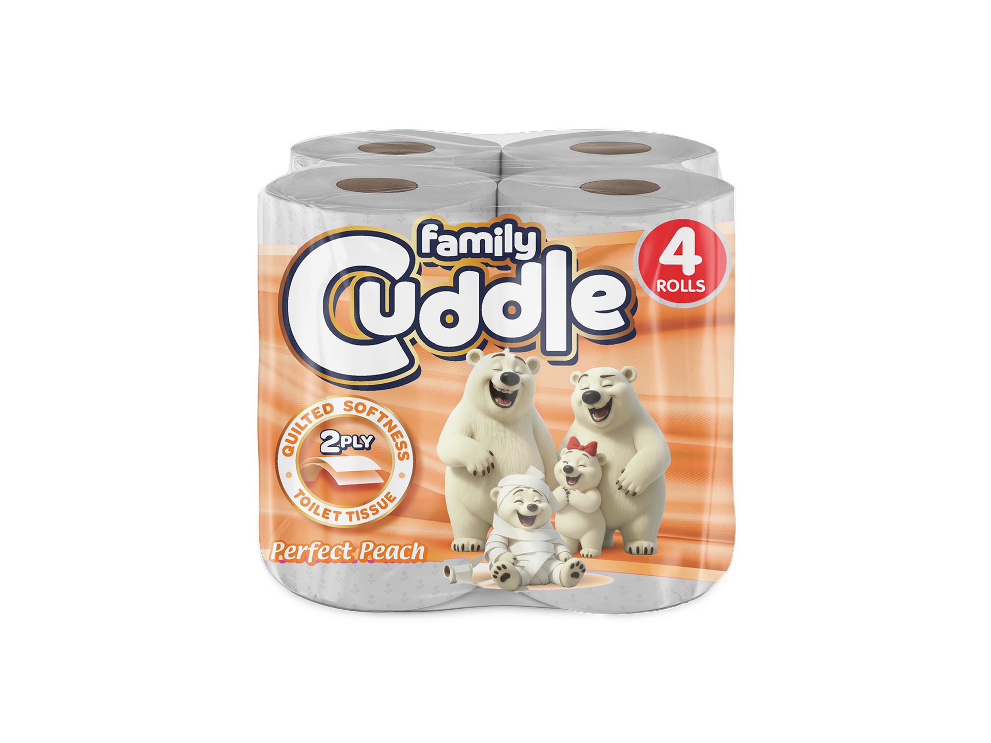 Family Cuddle 2-Ply Peach toilet tissue 4 pack — fragranced retail toilet roll, buy bulk online UK