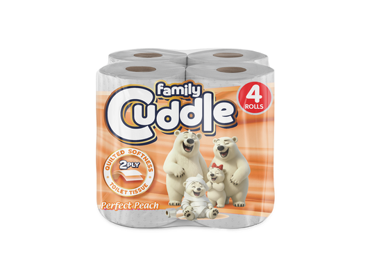 Family Cuddle 2-Ply Peach toilet tissue 4 pack — fragranced retail toilet roll, buy bulk online UK