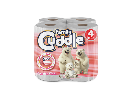 Family Cuddle 2-Ply Pink toilet tissue 4 pack — fragranced retail toilet roll, buy bulk online UK