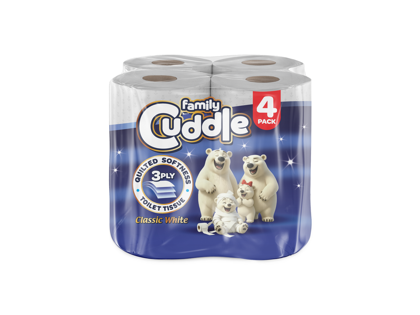 Family Cuddle 3-Ply Classic premium toilet tissue 4 pack — 3 ply soft retail toilet roll, buy bulk online UK