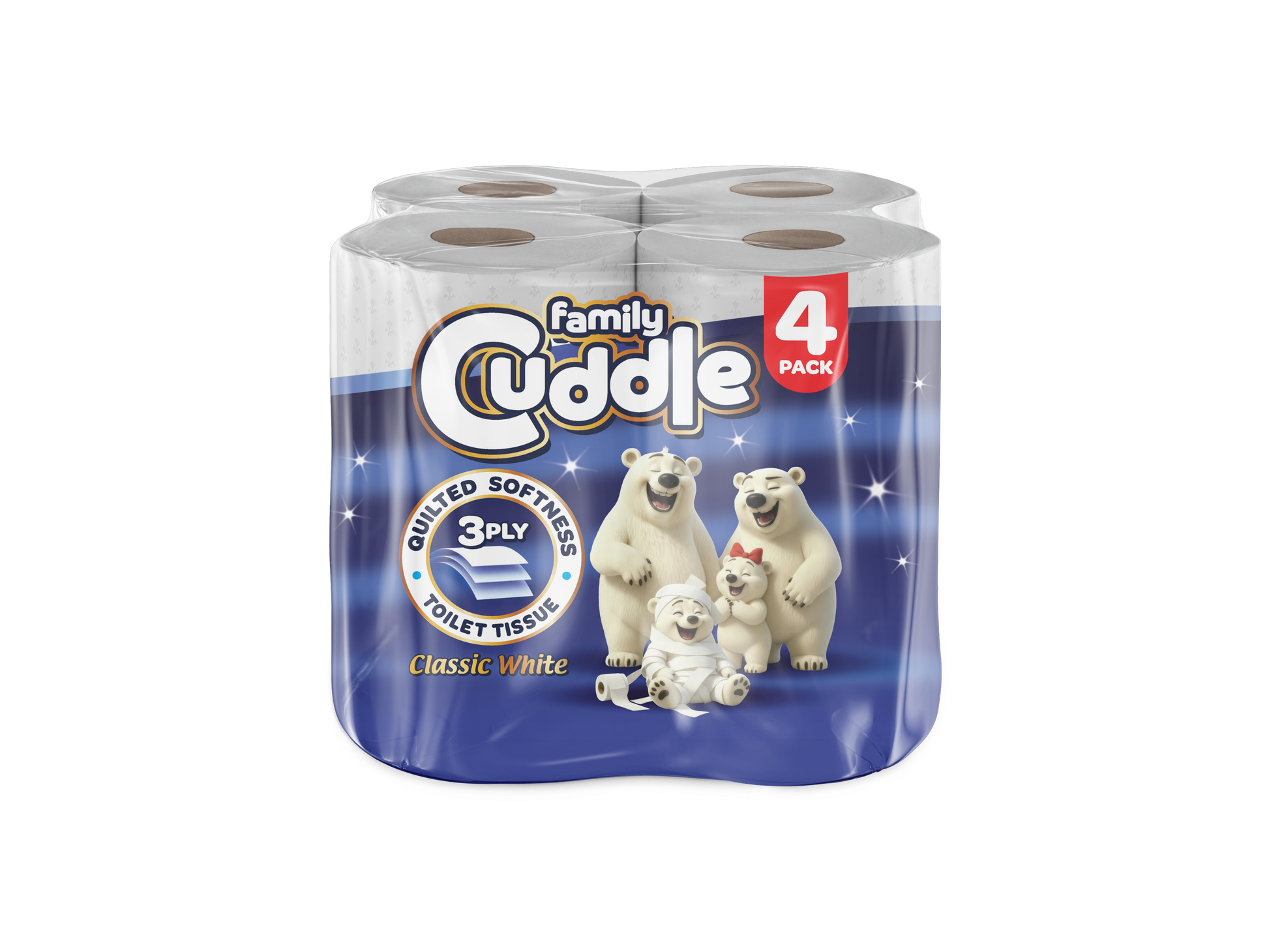 Family Cuddle 3-Ply Classic premium toilet tissue 4 pack — 3 ply soft retail toilet roll, buy bulk online UK