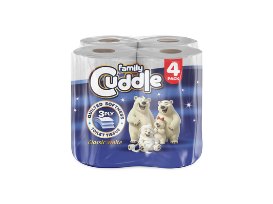 Family Cuddle 3-Ply Classic premium toilet tissue 4 pack — 3 ply soft retail toilet roll, buy bulk online UK