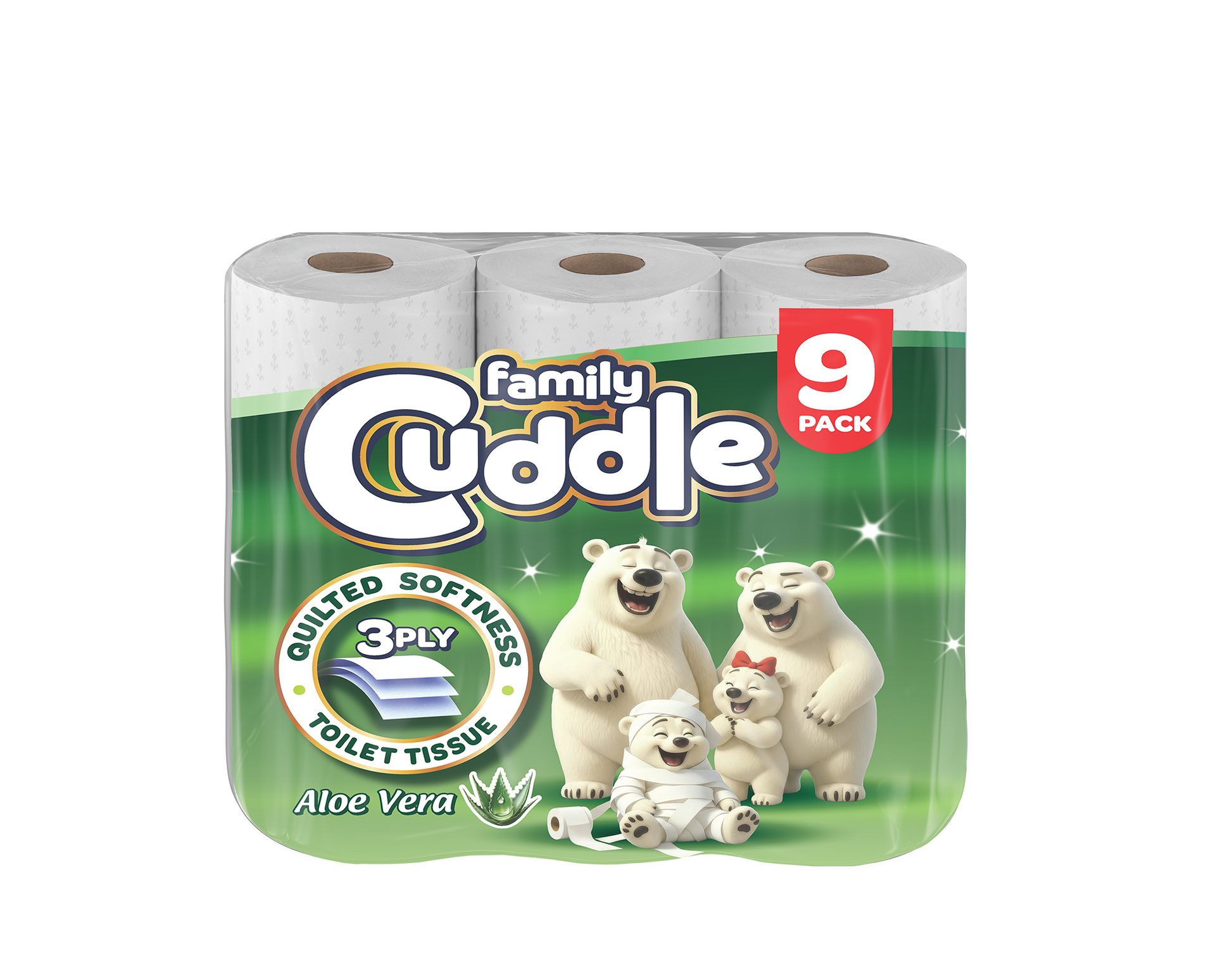 Family Cuddle 3-Ply Aloevera toilet tissue 9 pack — premium fragranced 3 ply roll for retail and hospitality, buy online UK