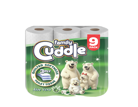 Family Cuddle 3-Ply Aloevera toilet tissue 9 pack — premium fragranced 3 ply roll for retail and hospitality, buy online UK