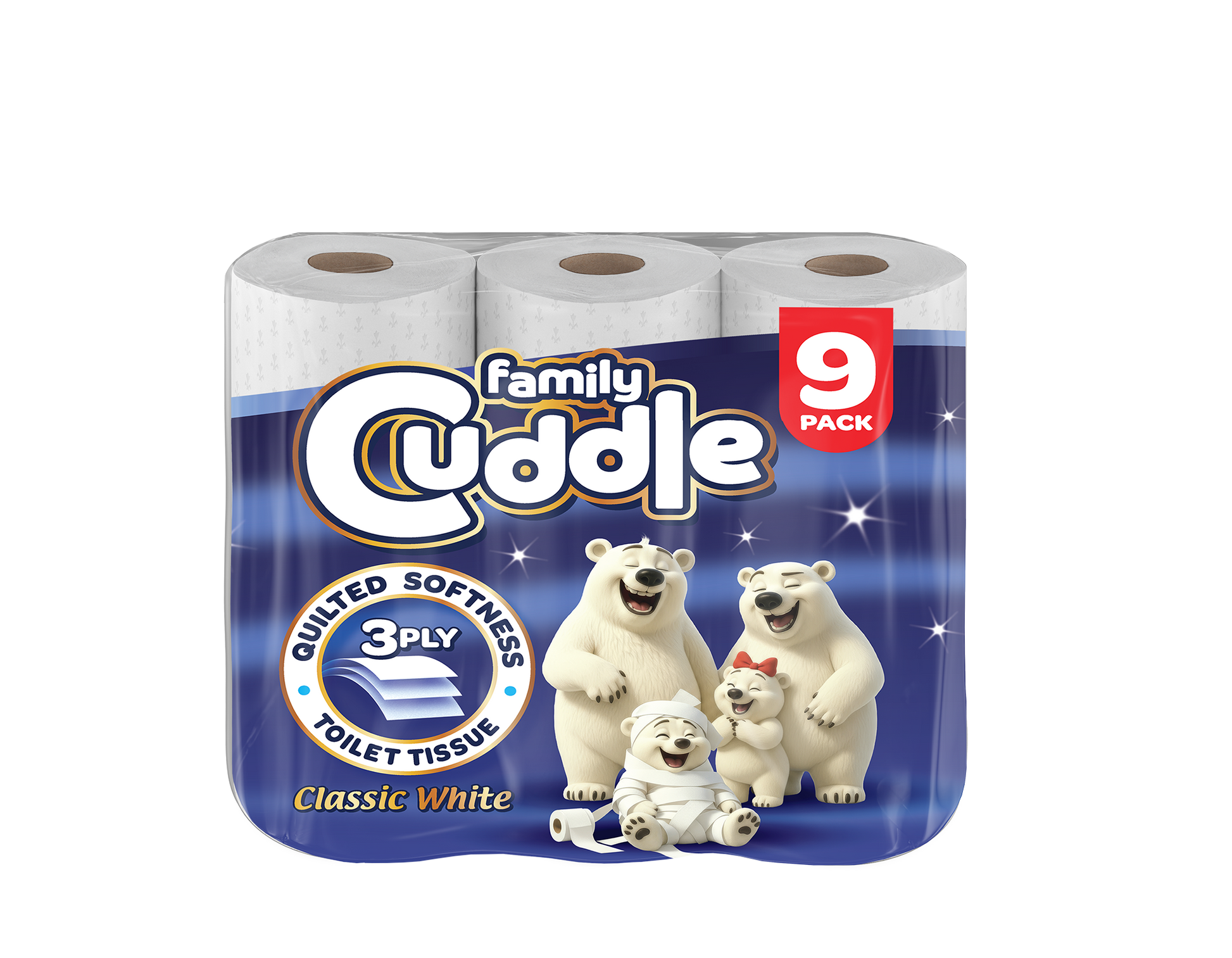 Family Cuddle 3-Ply Classic toilet tissue 9 pack — premium 3 ply soft retail toilet roll, buy bulk online UK