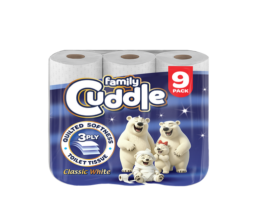 Family Cuddle 3-Ply Classic toilet tissue 9 pack — premium 3 ply soft retail toilet roll, buy bulk online UK