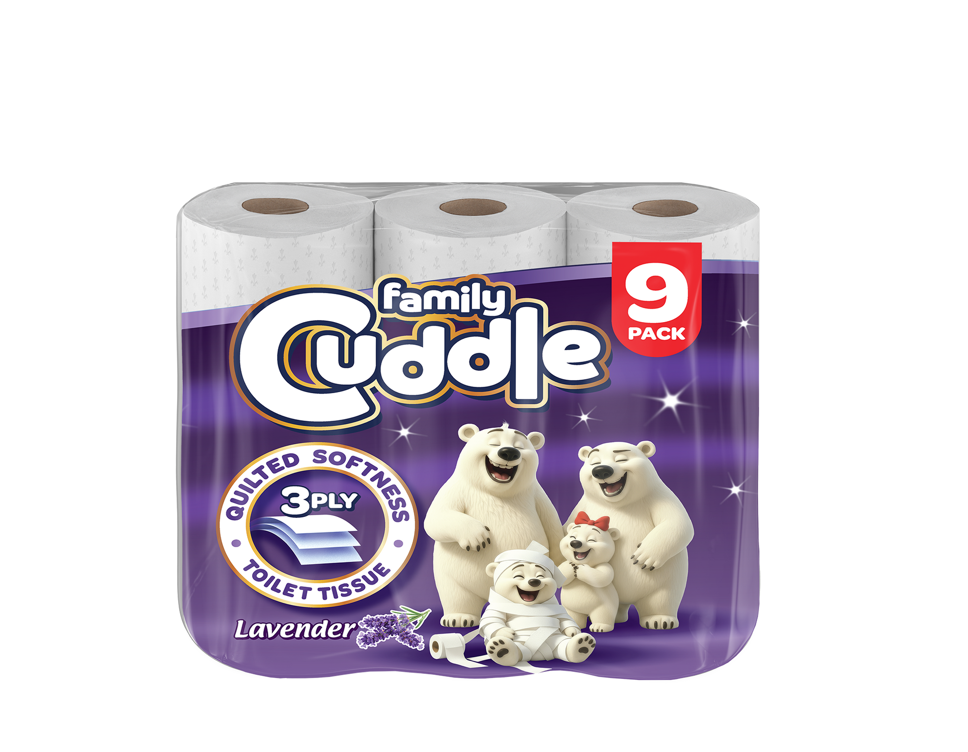 Family Cuddle 3-Ply Lavender toilet tissue 9 pack — premium fragranced 3 ply roll for retail and hospitality, buy online UK