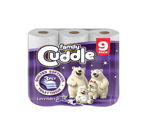 Family Cuddle 3-Ply Lavender toilet tissue 9 pack — premium fragranced 3 ply roll for retail and hospitality, buy online UK