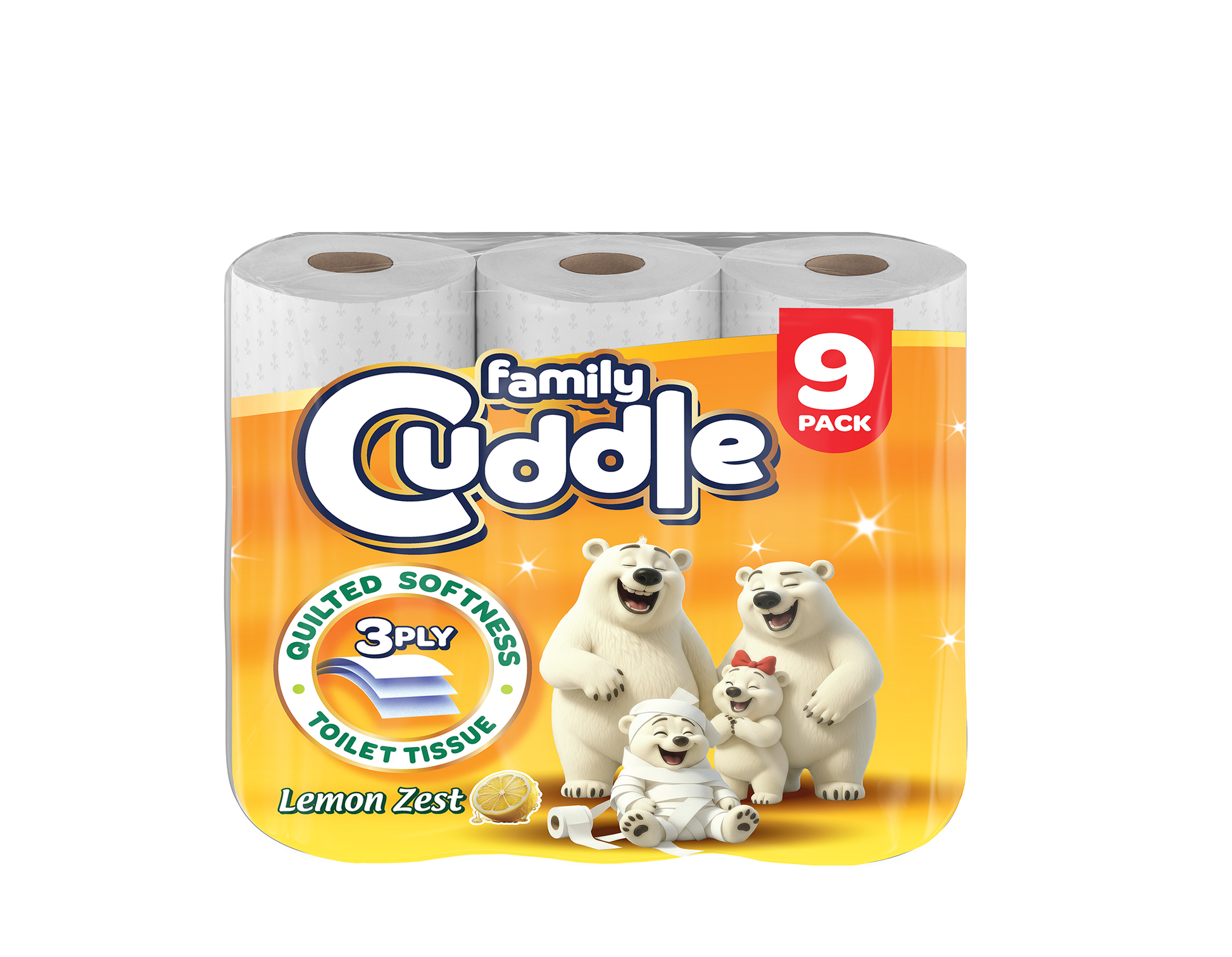 Family Cuddle 3-Ply Lemon toilet tissue 9 pack — premium fragranced 3 ply roll for retail and hospitality, buy online UK
