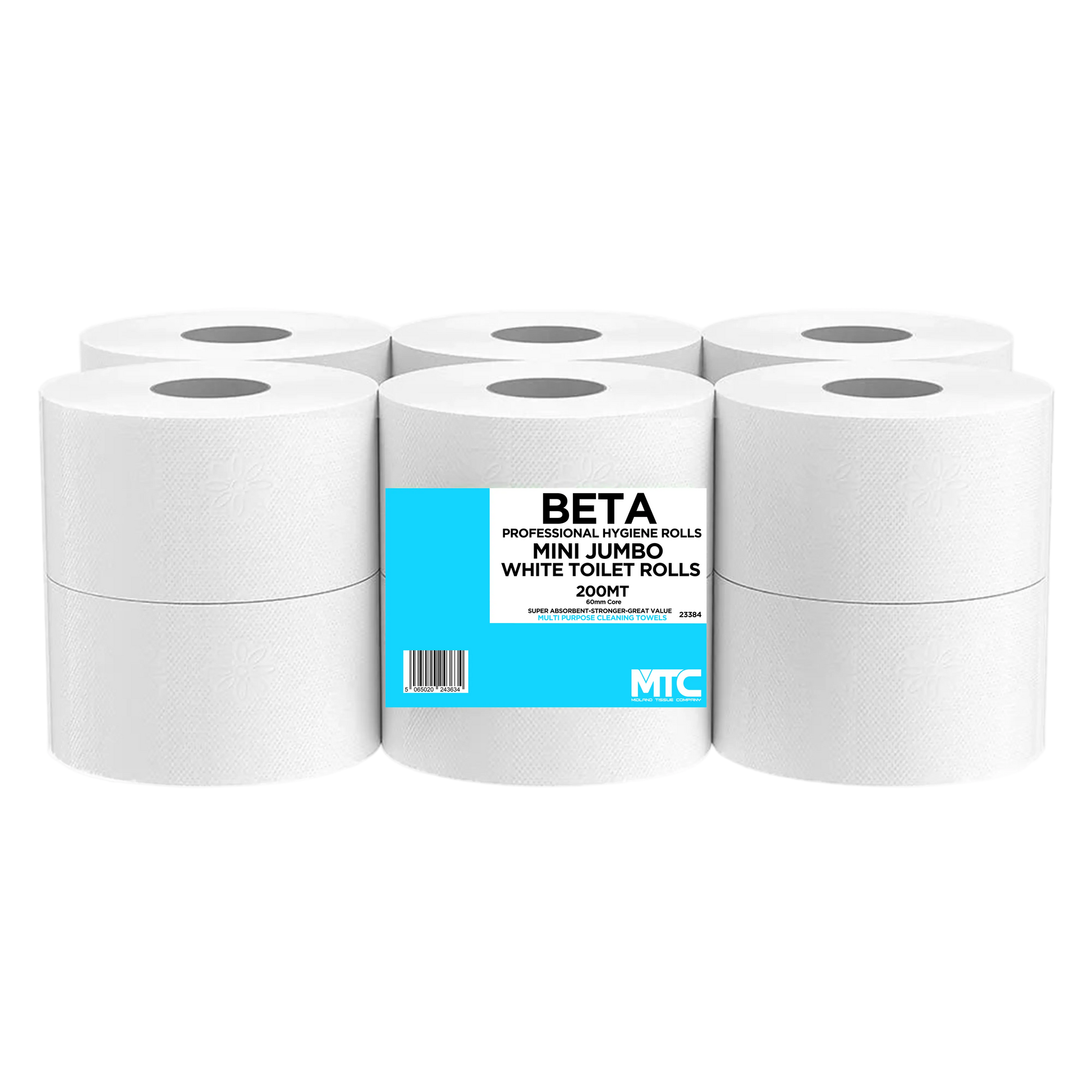 Mini Jumbo Pure White toilet roll 200m 60mm core 1x12 pack — premium office and care home dispenser-compatible washroom roll, buy online UK