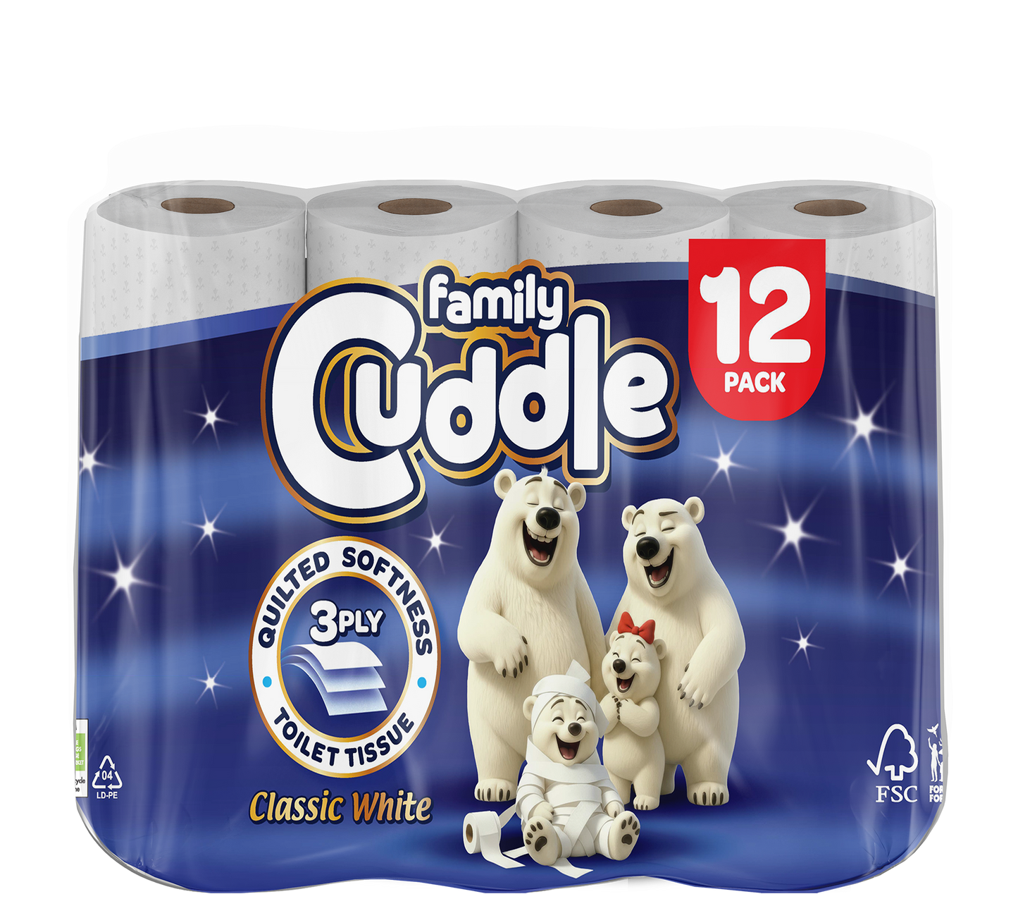 Family Cuddle 3-Ply Classic toilet tissue 12 pack — premium 3 ply high-volume retail toilet roll, buy bulk online UK