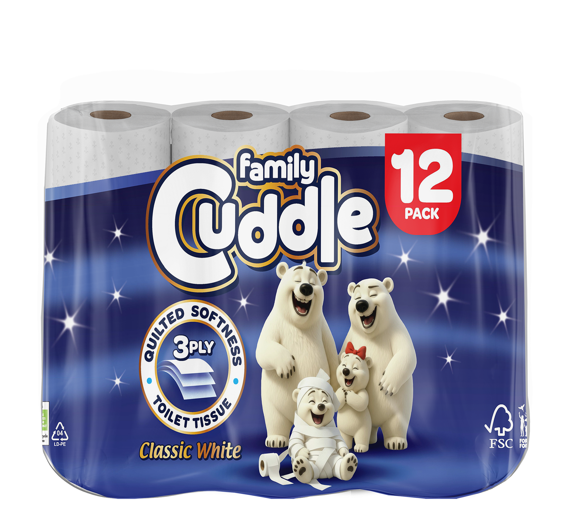 Family Cuddle 3-Ply Classic toilet tissue 12 pack — premium 3 ply high-volume retail toilet roll, buy bulk online UK
