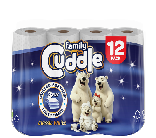 Family Cuddle 3-Ply Classic toilet tissue 12 pack — premium 3 ply high-volume retail toilet roll, buy bulk online UK